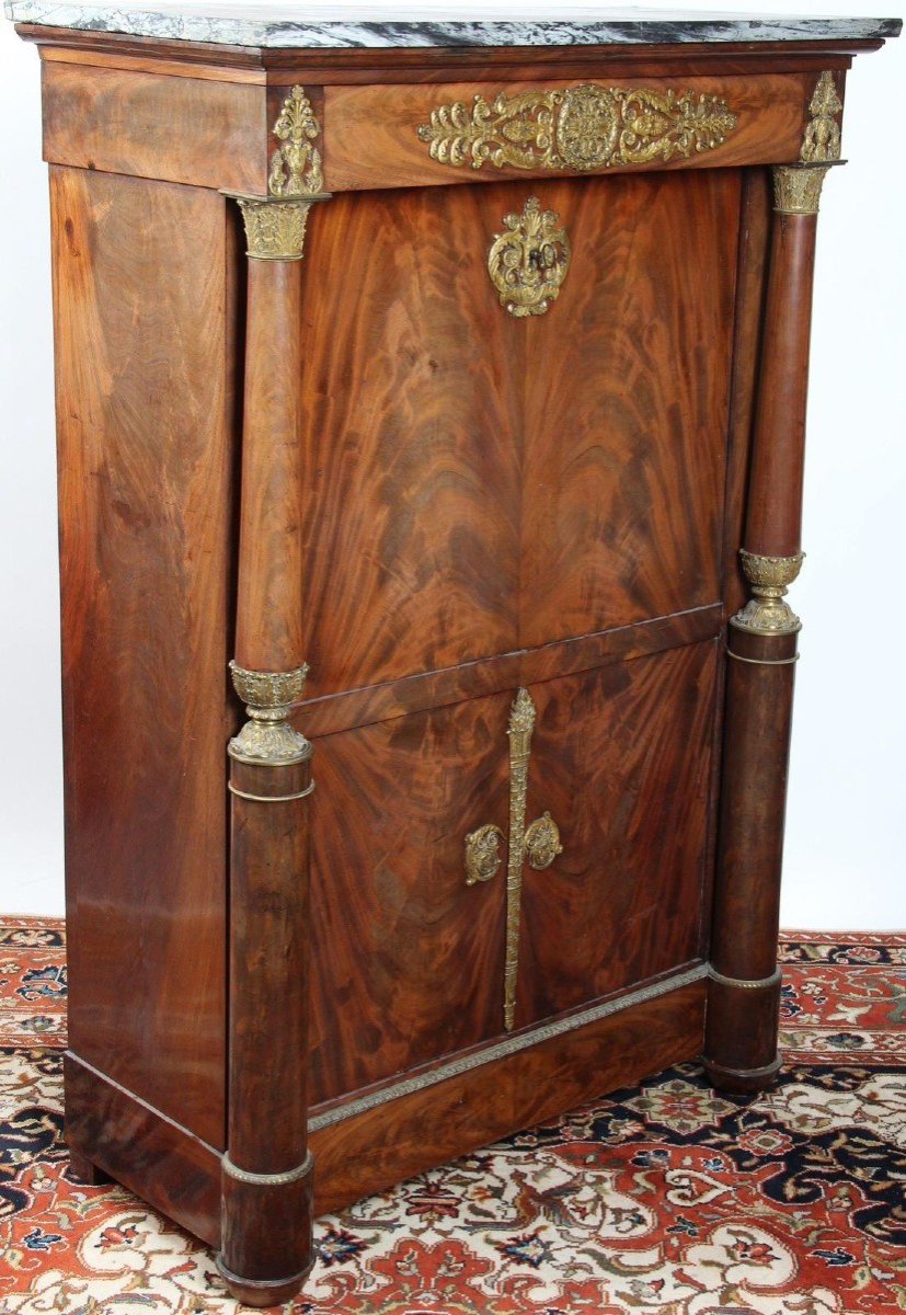 Mahogany Secretaire With Gilded Bronze Finish, Veined Grey Marble. Empire 19th Century.