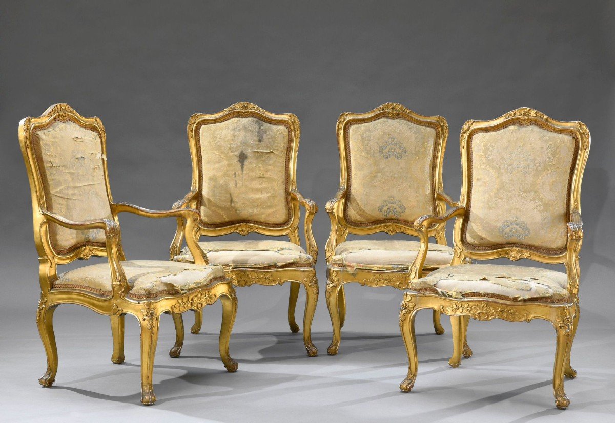 Suite Of Four Armchairs, Gilded Wood, 18th Century