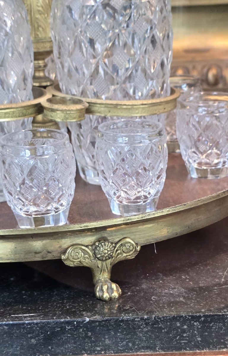 Liquor Service In Chiseled Gilded Bronze, Mahogany And Cut Glass Top, 19th Century-photo-3