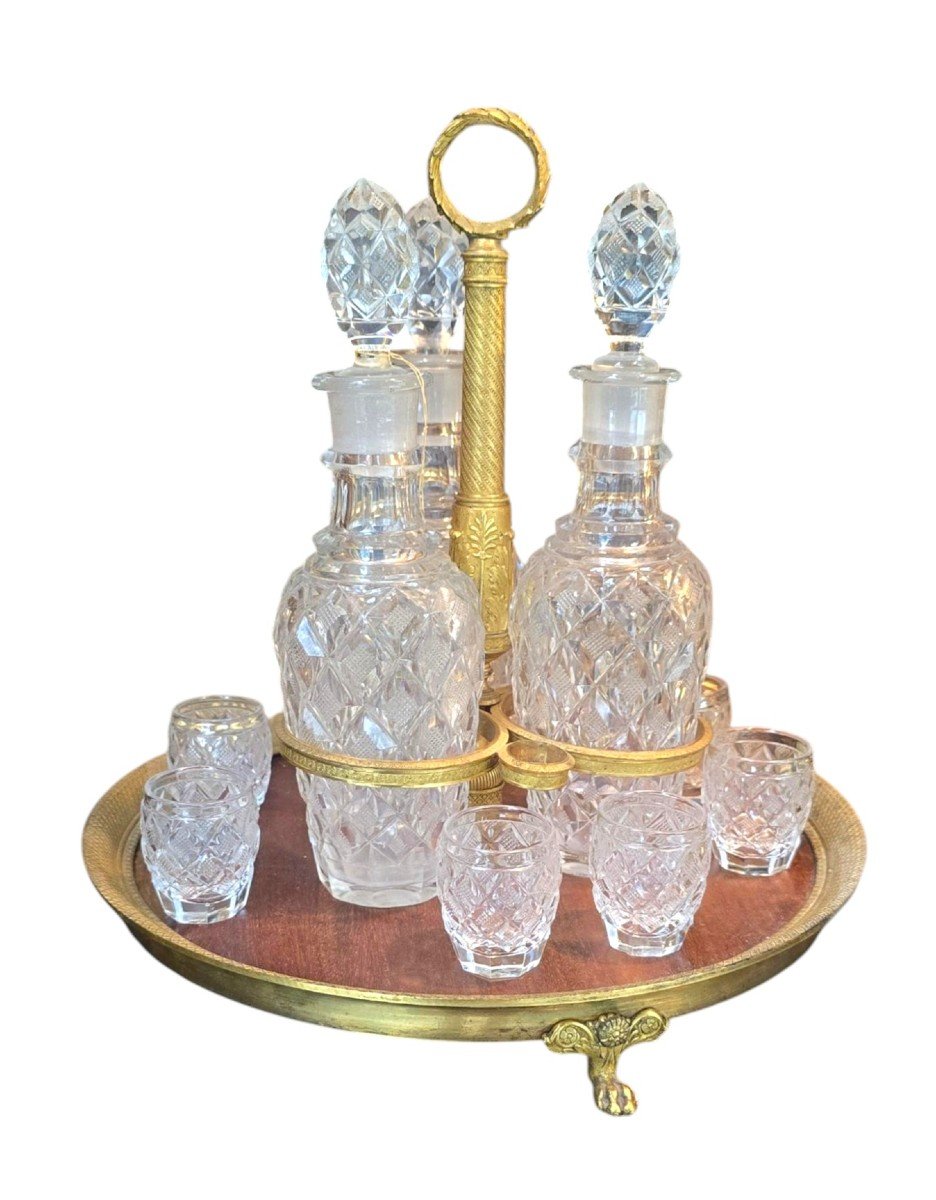 Liquor Service In Chiseled Gilded Bronze, Mahogany And Cut Glass Top, 19th Century