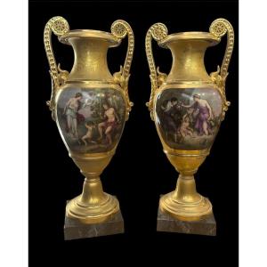 Pair Of Empire Amphorae, In Gilded Porcelain Painted With Neoclassical Scenes, France 19th Cent