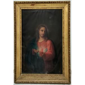 Painting Depicting Christ, 19th Century.  Oil On Canvas With Golden Stucco Frame