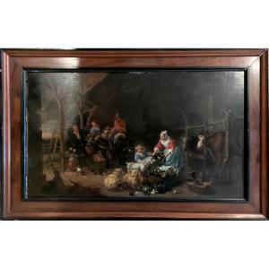 17th Century Dutch School Painting, Genre Scene, With Wooden Frame