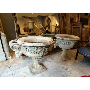 Pair Of Large Marble Basins Decorated With Deer Heads And Garlands.  18th Century