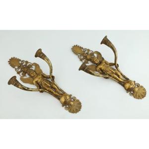 Pair Of Wall Lights From The Empire Period  In Chiseled And Gilded Bronze, XIX Sec