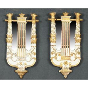Pair Of Lyre-shaped Mirrors With Decorations Of Golden Racemes And Flowers And Eagle Heads