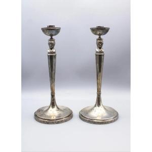 Pair Of Silver Candlesticks, Rome, 19th Century