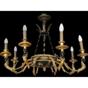 Important Chandelier In Carved Gilded Wood, Empire Style, 19th Century. 
