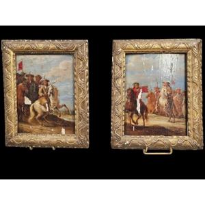Flemish School, 17th Century, Two Oils On Oak Boards, Signed, Gilded Wooden Frame. 