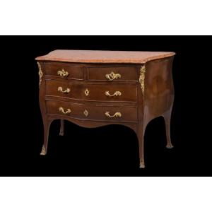 Chest Of Drawers In Mahogany, Top In Red Verona Marble. Gilt Bronze Finishes, Louis XV