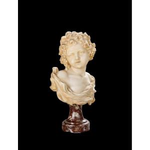 Alabaster Bust Portrait Of A Young Boy With Drapery And Cherries. Marble Pedestal