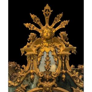 18th Century Mirror, Volutes, Grotesques,masks,gilded,original Mirrors, H 285 Cm,good Condition