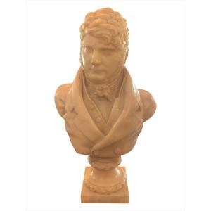 Alabaster Bust Of A Man, Neoclassical (18th-19th Century), Wavy Hairstyle And Draped Jacket.