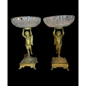 Pair Of 19th Century Bronze Cake Stands With Cupids, Intricate Details