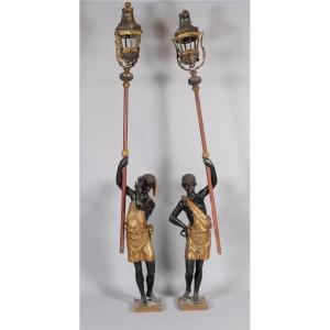 Pair Of Nubian Torch-bearers In Polychrome And Gilded Carved Wood, Venice, Early 18th Century