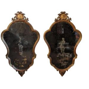 Paire De Miroirs  En Bois Doré Et Sculpté, XVIIIème, Italie