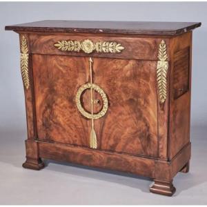 Chest Of Drawer,  Veneered In Flamed Mahogany And Gilded Bronze, Empire XIX Century