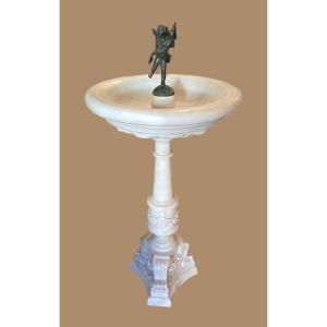 Antique White Marble Fountain, Bronze Putto, 19th Century