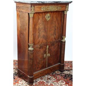 Mahogany Secretaire With Gilded Bronze Finish, Veined Grey Marble. Empire 19th Century.