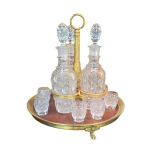 Liquor Service In Chiseled Gilded Bronze, Mahogany And Cut Glass Top, 19th Century