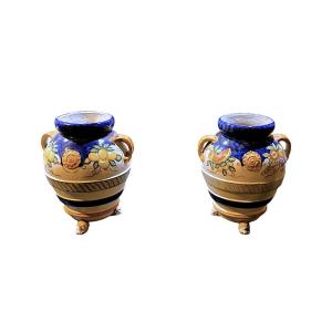 Pair Of Large Vietri Vases In Painted Ceramic, Italian Work, Signed G.