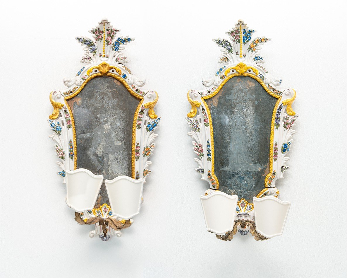 Beautiful Pair Of Venetian Mirrors In White Majolica With Polychrome Flowers And Golden Details