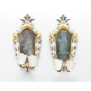 Beautiful Pair Of Venetian Mirrors In White Majolica With Polychrome Flowers And Golden Details