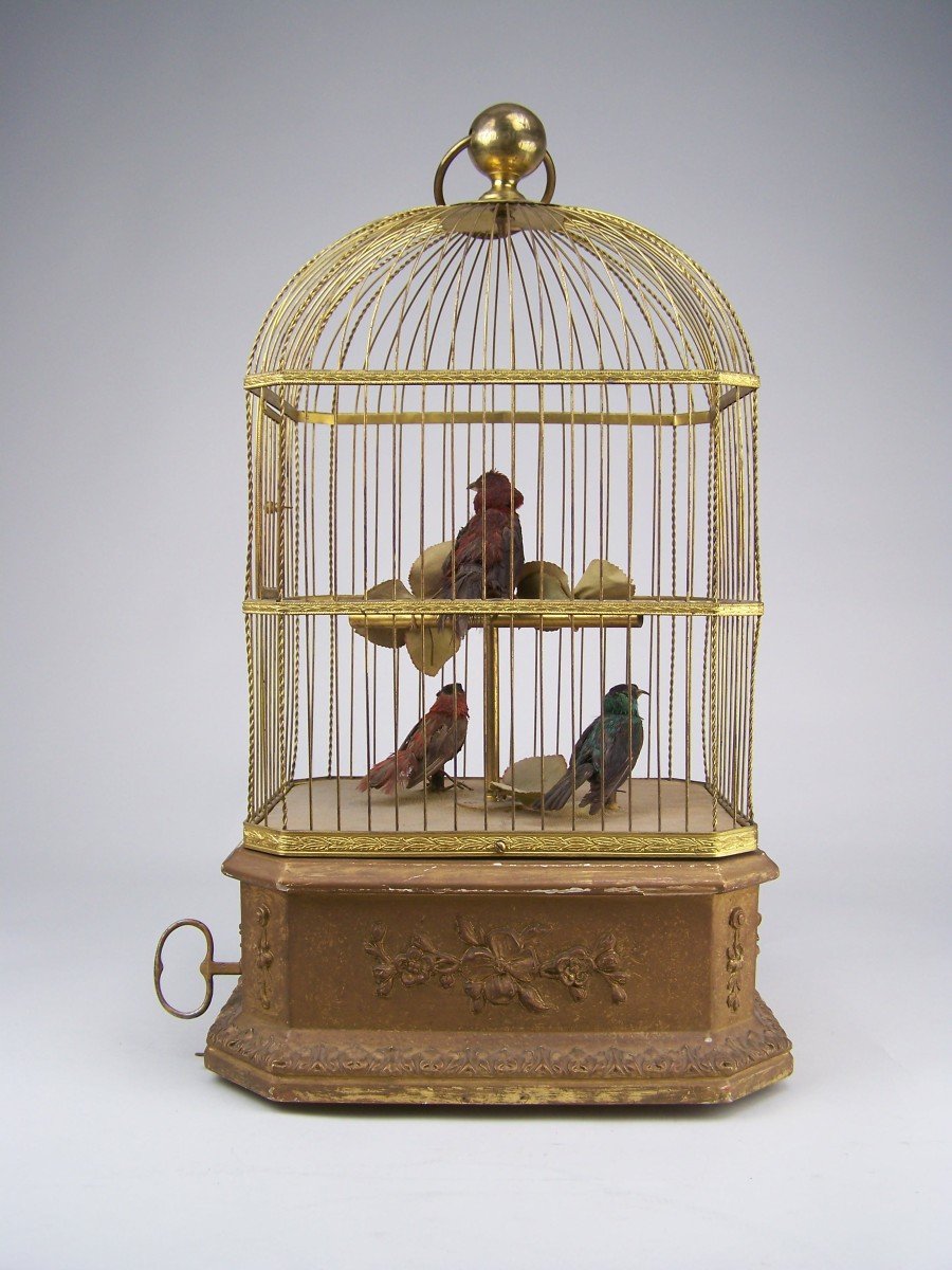 Proantic: Singing Bird Cage With 3 Birds By Bontems (paris)