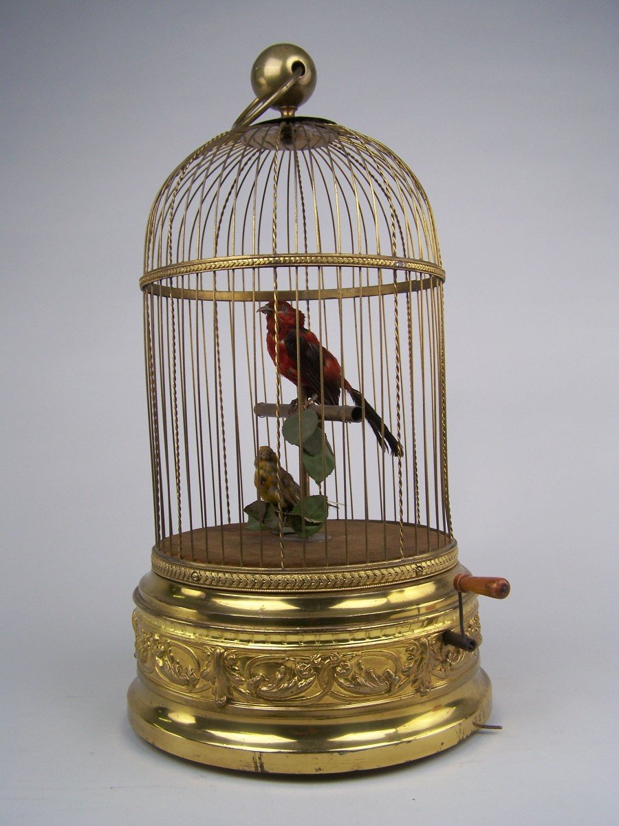 Cage En Laiton à Oiseaux Chantante Avec 2 Oiseaux Par Bontems (paris)(original)-photo-1