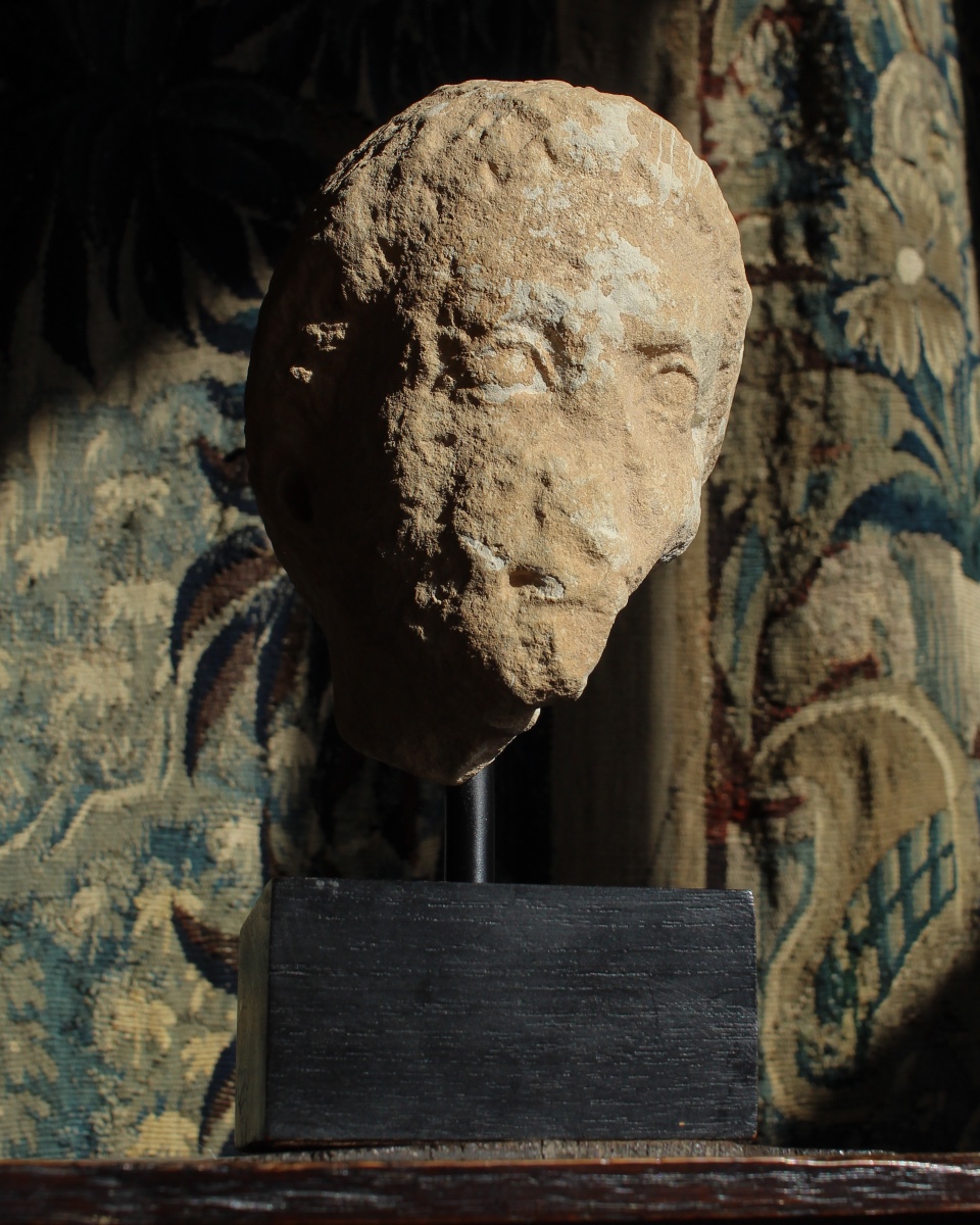 Head Of A Saint In French Sandstone, 9th - 12th Century