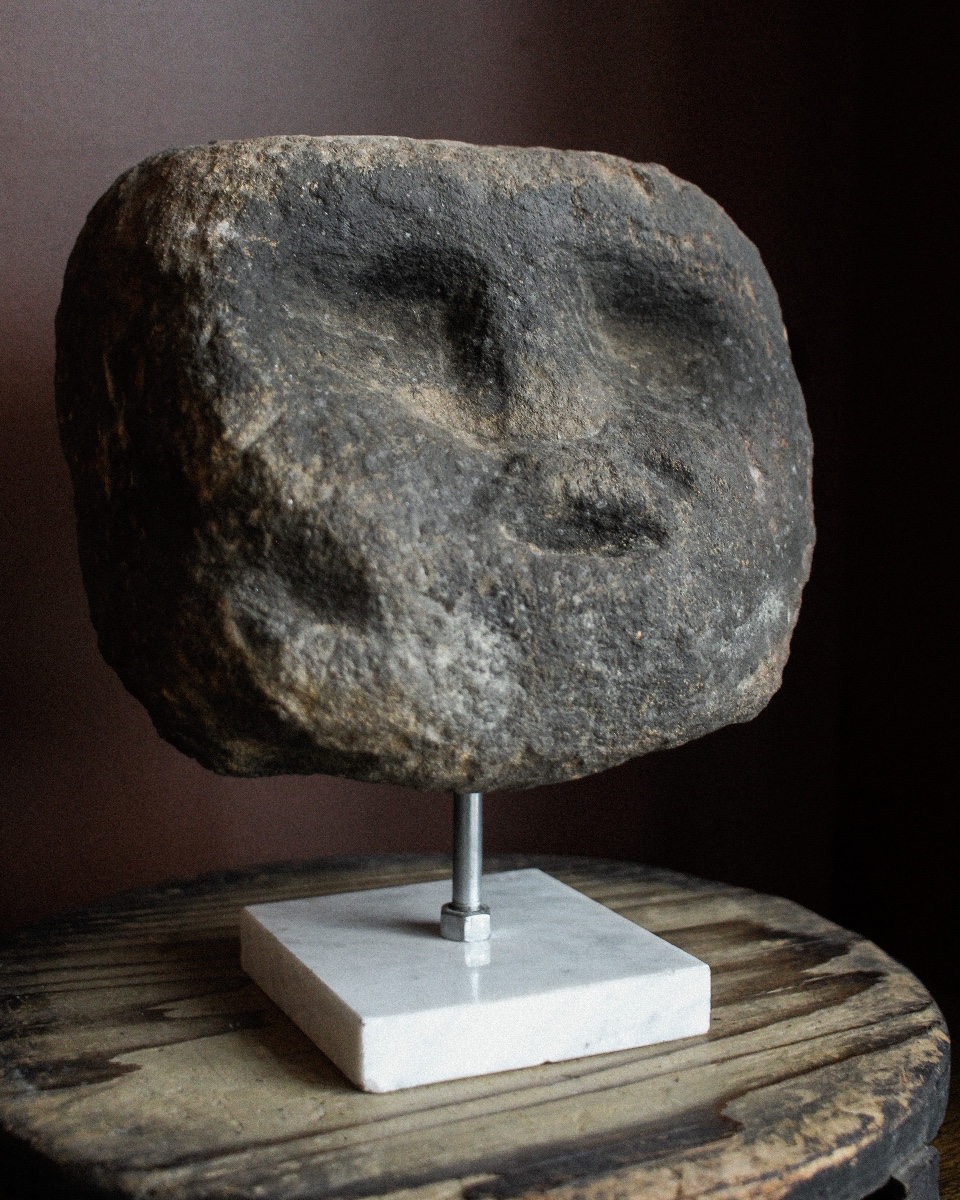 Celtic Crudely Carved Stone Head On Marble Stand