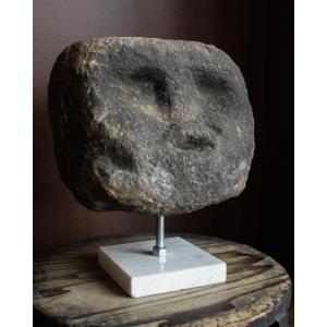 Celtic Crudely Carved Stone Head On Marble Stand