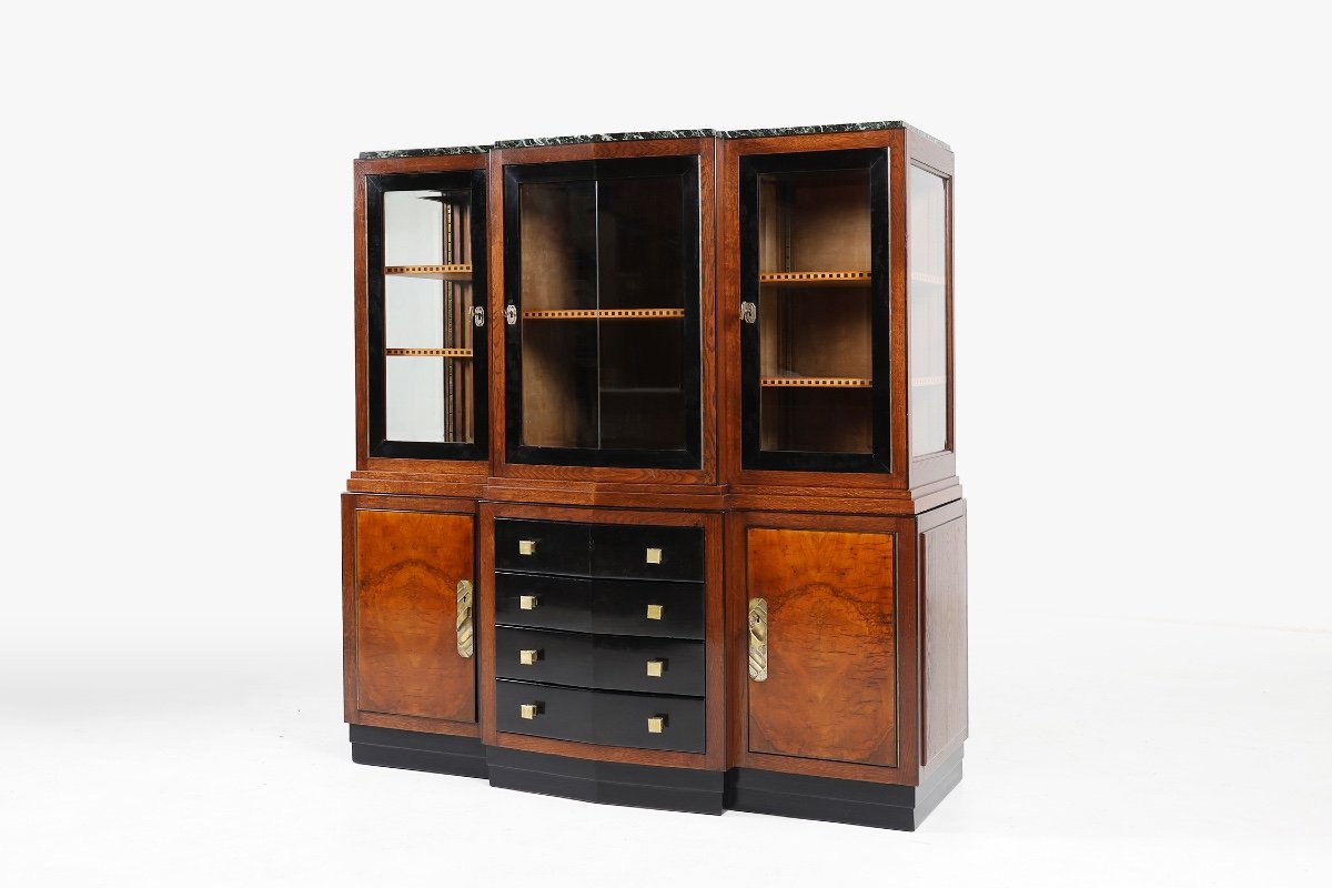 Art Deco Cabinet In Burl Wood With Green Marble Top, France, 1930s