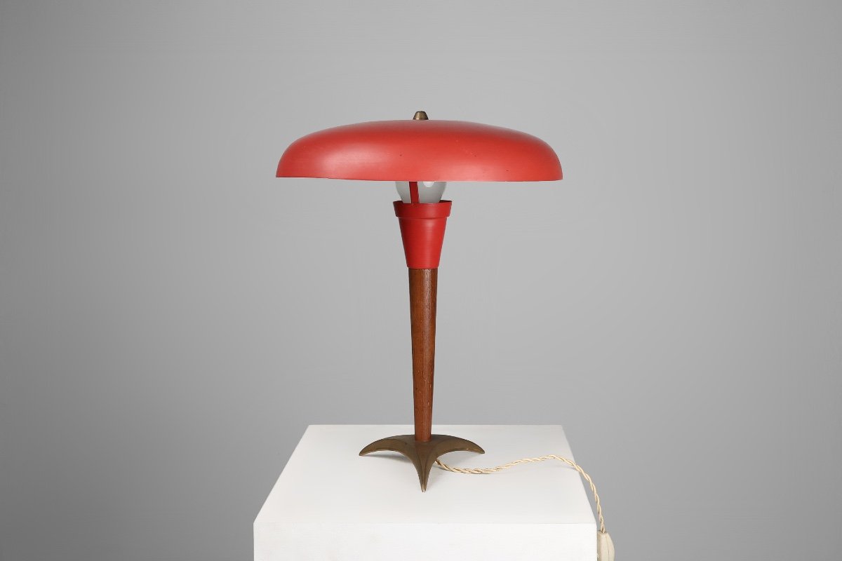 Mid-century Red Metal, Brass And Teak Wood Desk Lamp, France, 1950s-photo-2