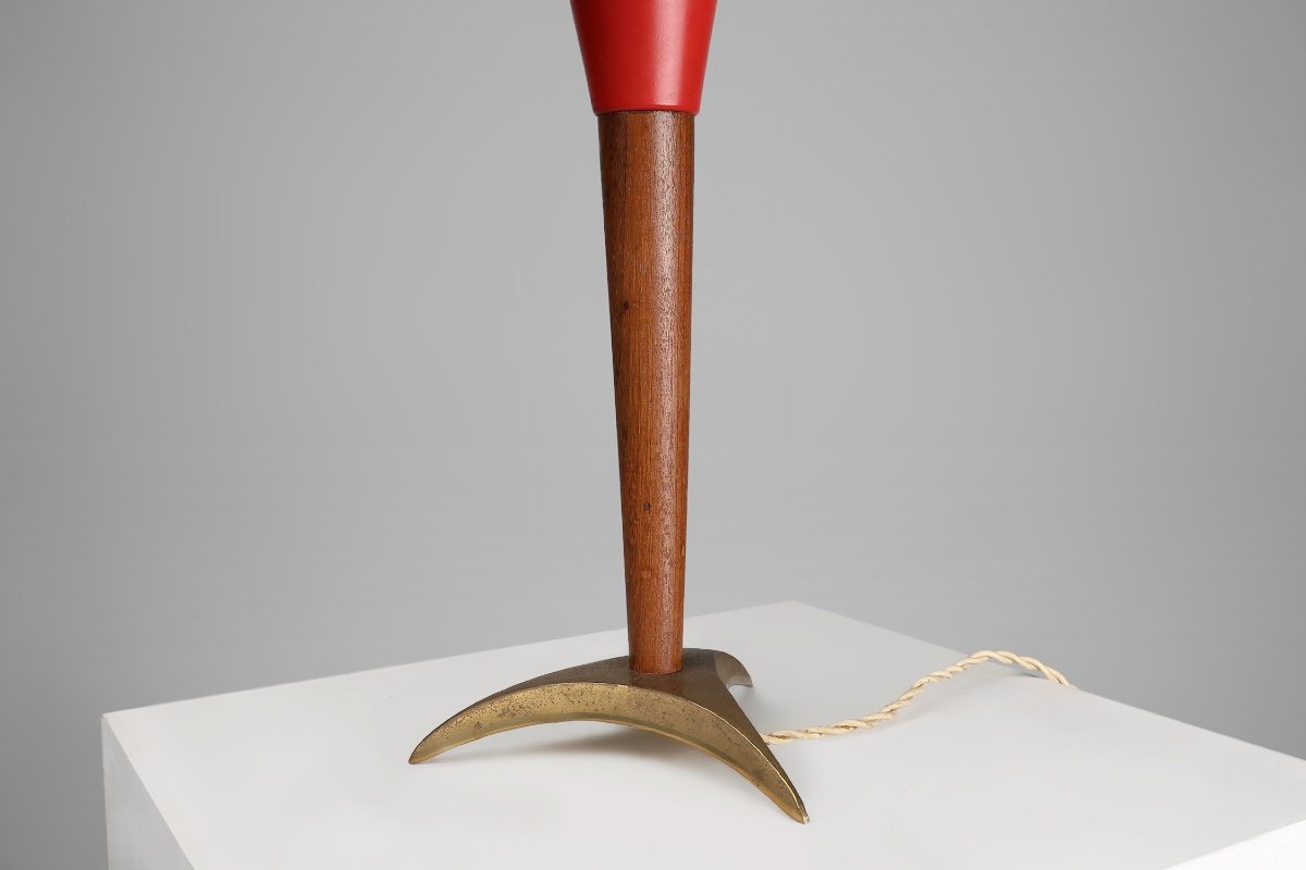 Mid-century Red Metal, Brass And Teak Wood Desk Lamp, France, 1950s-photo-3