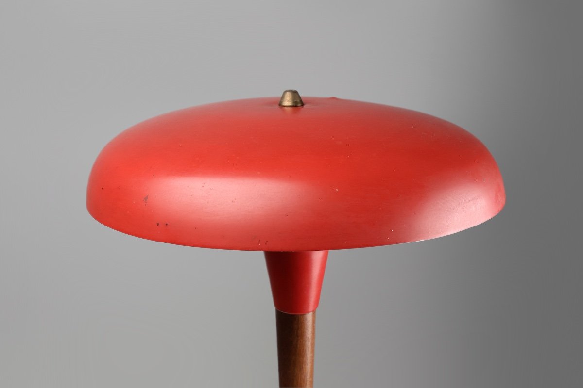 Mid-century Red Metal, Brass And Teak Wood Desk Lamp, France, 1950s-photo-4