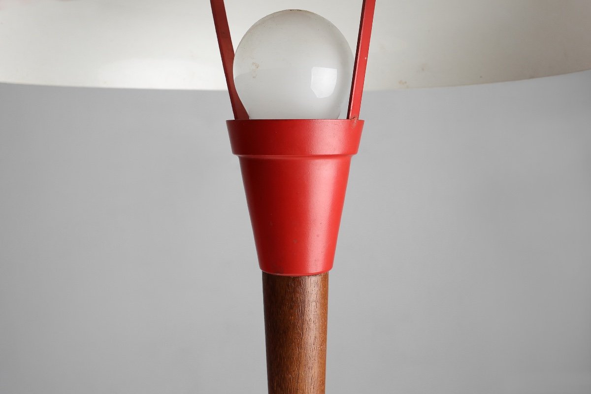 Mid-century Red Metal, Brass And Teak Wood Desk Lamp, France, 1950s-photo-5