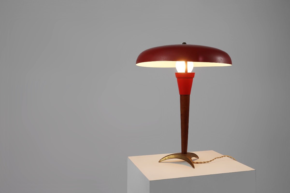 Mid-century Red Metal, Brass And Teak Wood Desk Lamp, France, 1950s-photo-8