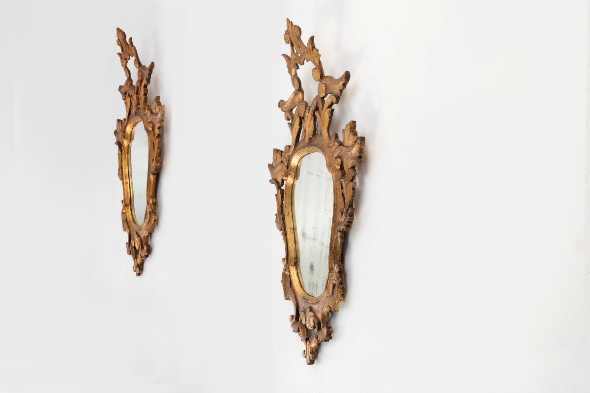 Pair Of Venetian Rococo Style Giltwood Mirrors, Circa 1850, Italy-photo-3