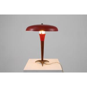 Lampe De Bureau Rouge Du Milieu Du Siècle En Métal, Laiton Et Bois De Teck, France, Années 1950