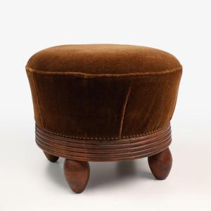 élégant Pouf Rond Art Déco Avec Revêtement En Velours, France Vers 1925