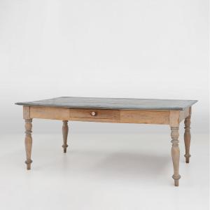      Table à Manger Rustique En Pin Français Avec Plateau En Zinc, Vers 1850