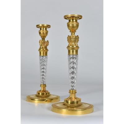 Paire De Bougeoirs d’époque Charles X En Cristal Taillé Et Bronze Doré 