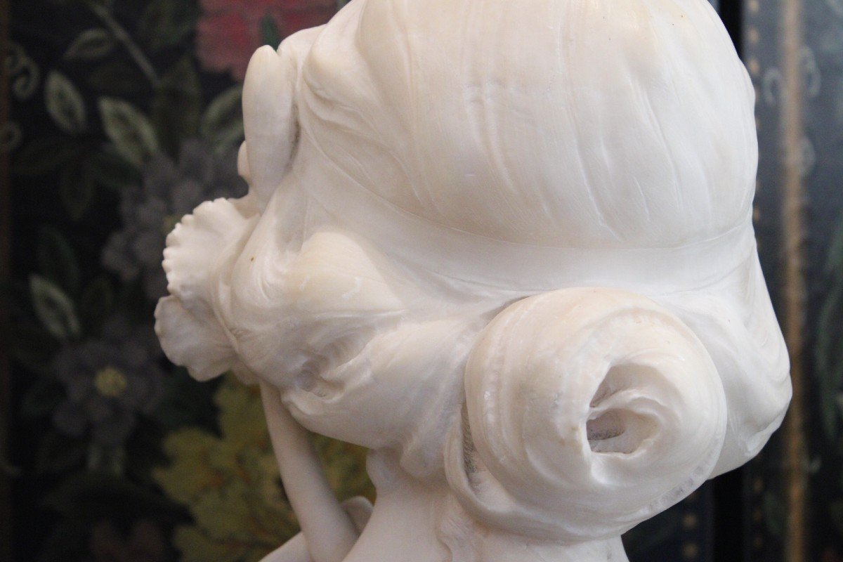 Alabaster Sculpture Of A Girl With A Flower, 19th Century-photo-1