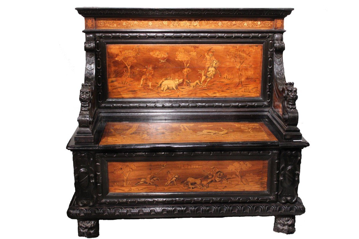 Renaissance Style Chest Bench In Marquetry 19th-photo-3