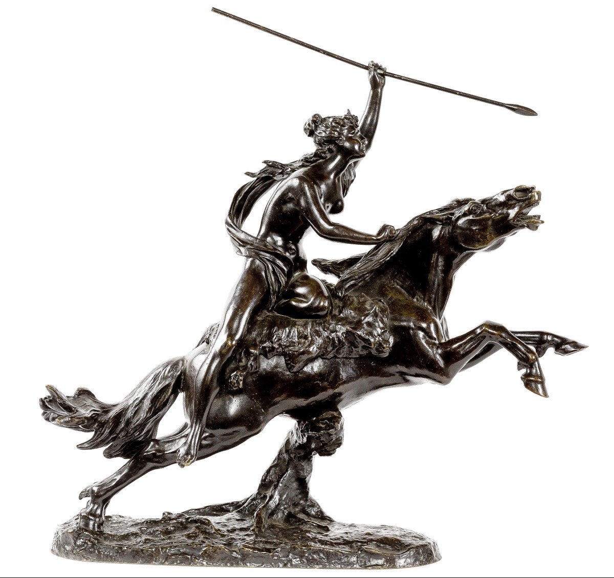 Sculpture En Bronze d'Une Femme Sur Un Cheval Signe Clodion