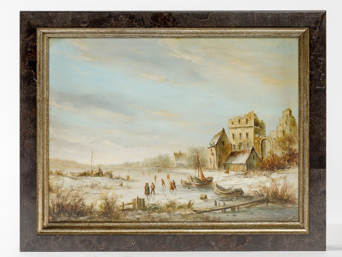 Paire De Petite Tableaux Anciens Hollandaise Huile Sur Bois -photo-3