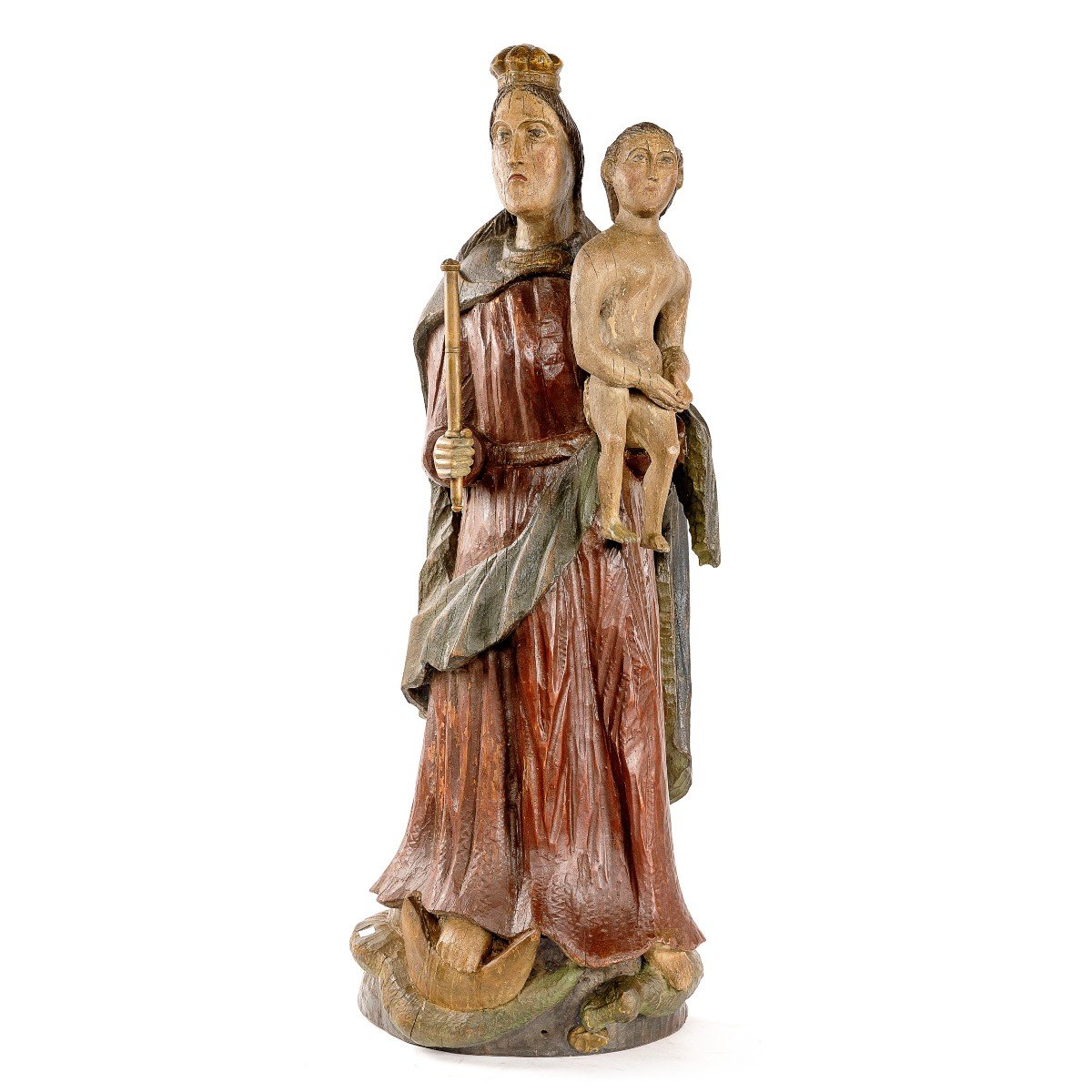 Sculpture En Bois  debut 19eme Sainte Vierge Marie Avec l'Enfant Jésus 