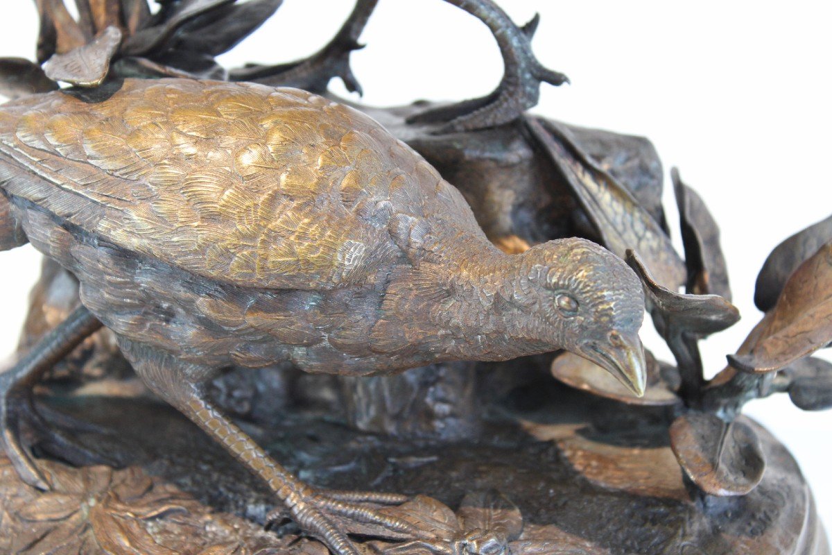 19th C. Bronze Sculpture Of Pheasants Signed Parmentier-photo-2