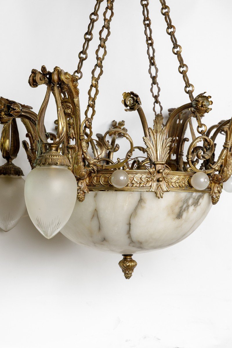 Large Chandelier In Bronze And Alabaster, Art Deco Period-photo-2